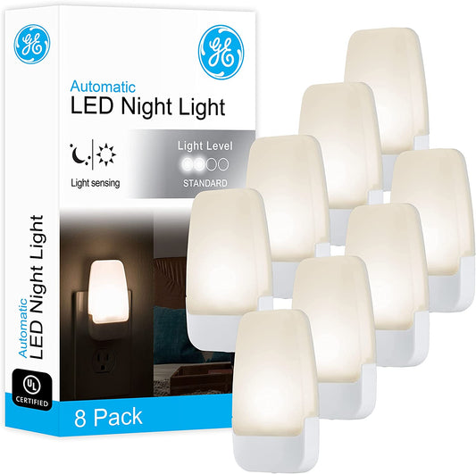 GE Plug in Night Light with Dusk to Dawn Sensor, 8 Pack | Night Lights Plug into Wall, Warm White 3000K Light for Bedroom, Bathroom, and Nursery, UL Certified, Energy Efficient