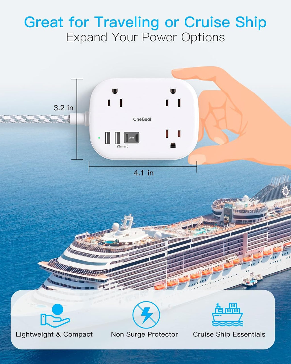 Cruise Essentials 2026, Travel Power Strip with USB C,Flat Plug 3Ft