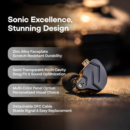 KZ ZSN Pro Dual Driver 1BA+1DD Hybrid Metal Hifi In-Ear Monitor | with Zin Alloy Panel, Balanced Pop Tuning, Detachable Recessed 2Pin Cable for Gamers Audiophiles, without Mic, Black