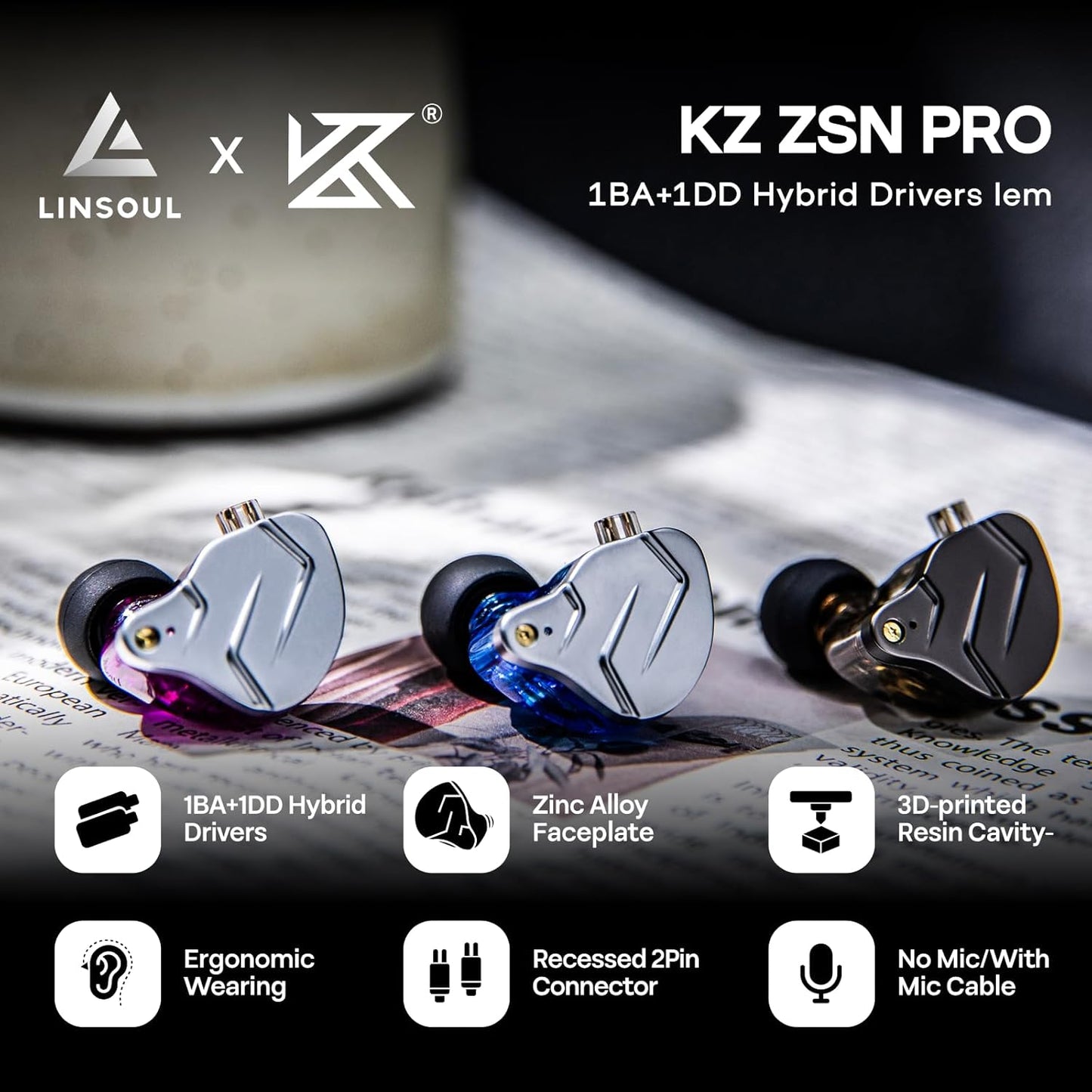 KZ ZSN Pro Dual Driver 1BA+1DD Hybrid Metal Hifi In-Ear Monitor | with Zin Alloy Panel, Balanced Pop Tuning, Detachable Recessed 2Pin Cable for Gamers Audiophiles, without Mic, Black