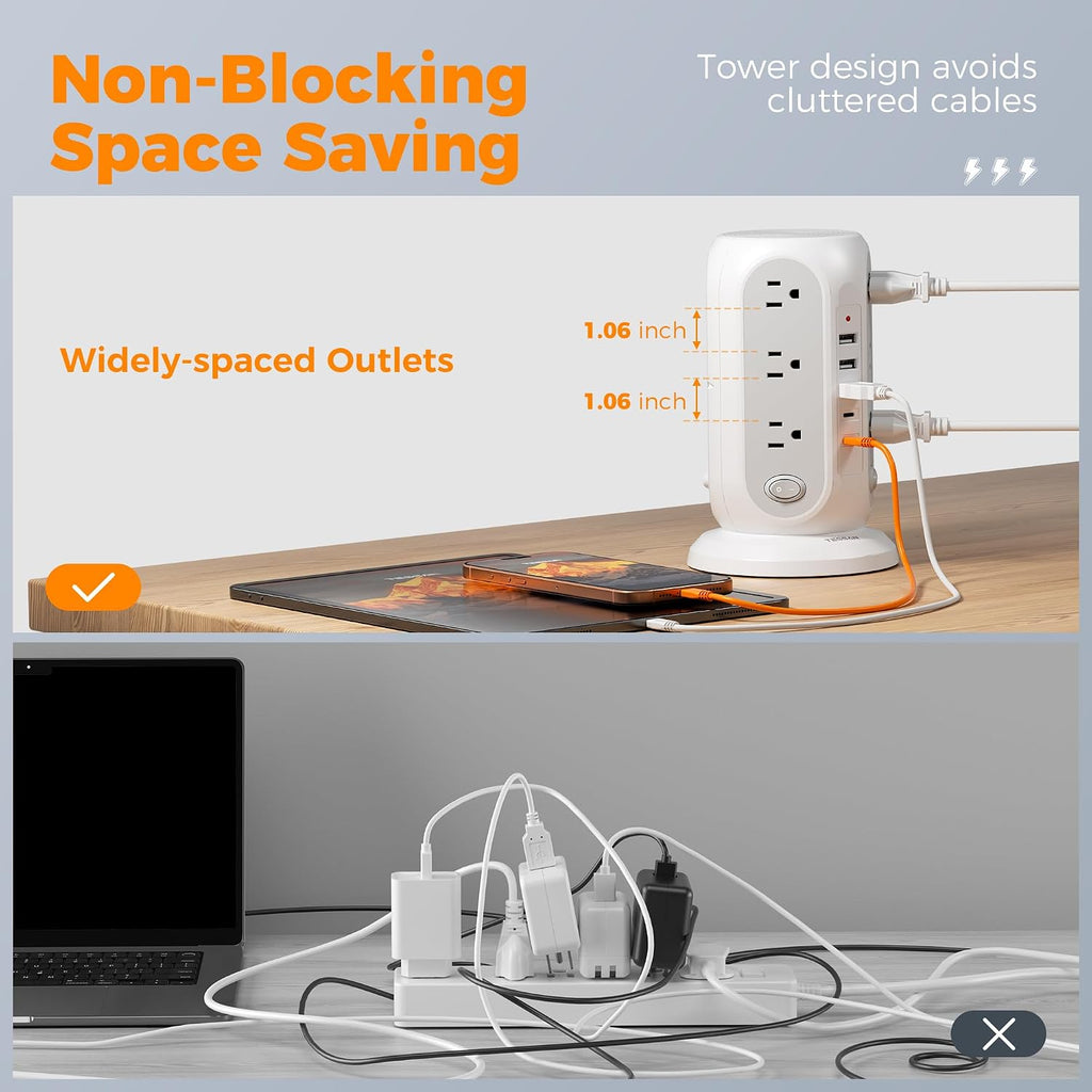Tower Power Strip Surge Protector, Flat Extension Cord 5 Ft, Grey