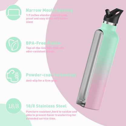 Stainless Steel Double Wall Water Bottles, Vacuum Insulated Bottle with Straw Lid, Insulated Water Bottle Keeps Water Cold for 24 Hours, Hot for 12 Hours, Hiking, Sports