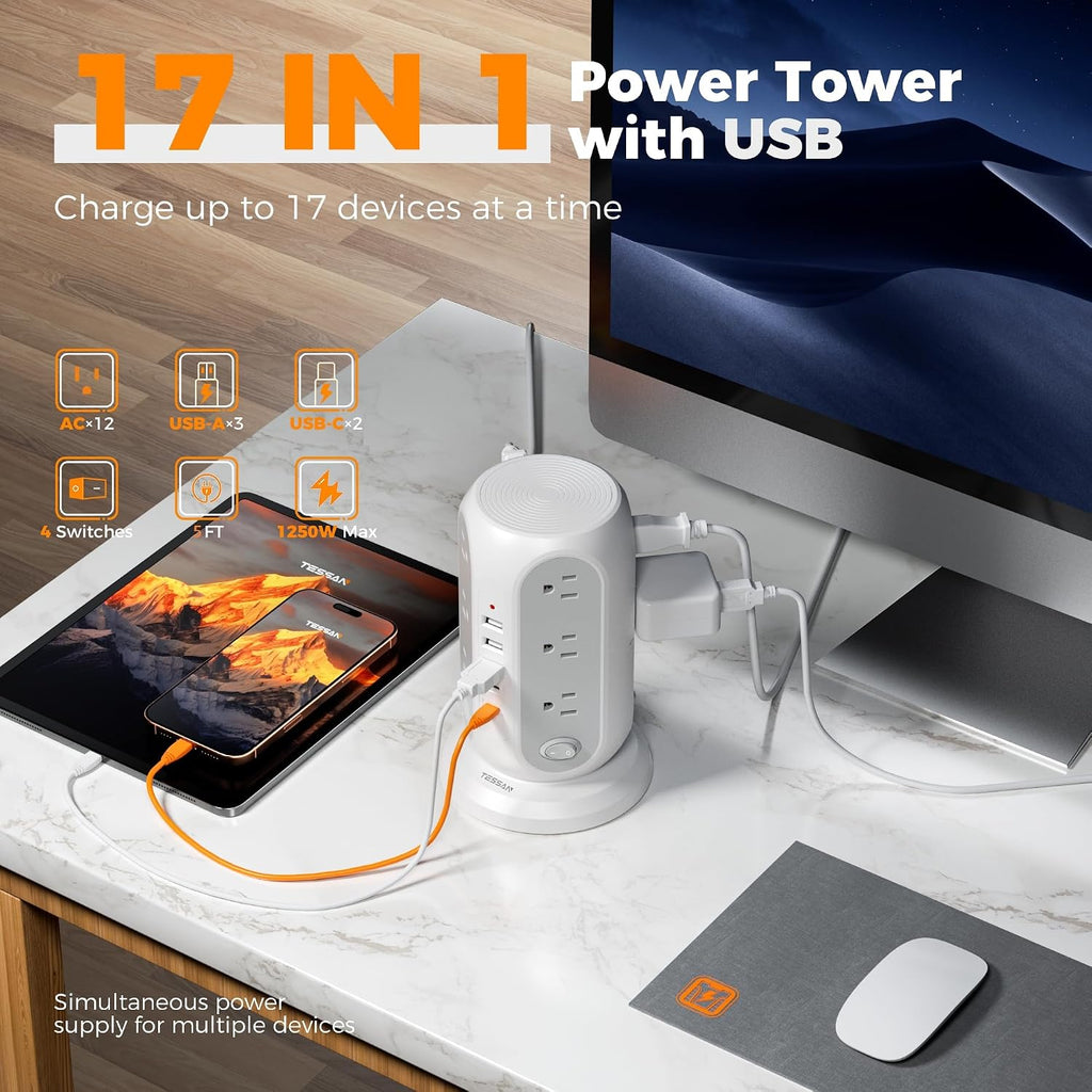 Tower Power Strip Surge Protector, Flat Extension Cord 5 Ft, Grey