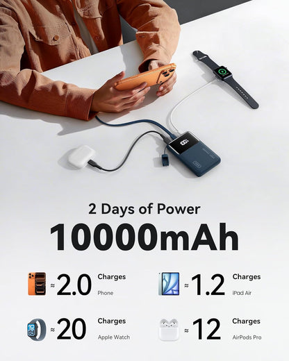 Power Bank, Compact 10000Mah 45W PD Fast Charging Portable Charger | Detachable USB-C Cable, Stand, Flight-Safe, Travel, Flashlight, Battery Pack for Iphone 17 16, Samsung S26, Ipad Etc, Blue