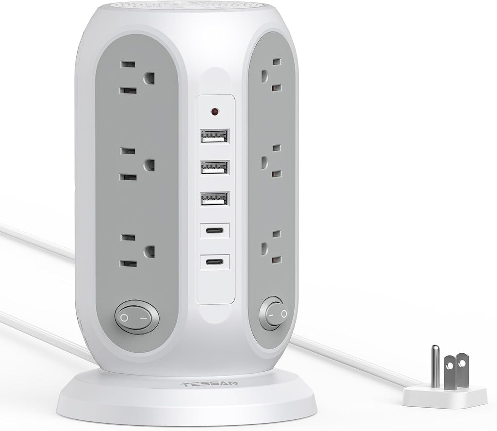 Tower Power Strip Surge Protector, Flat Extension Cord 5 Ft, Grey