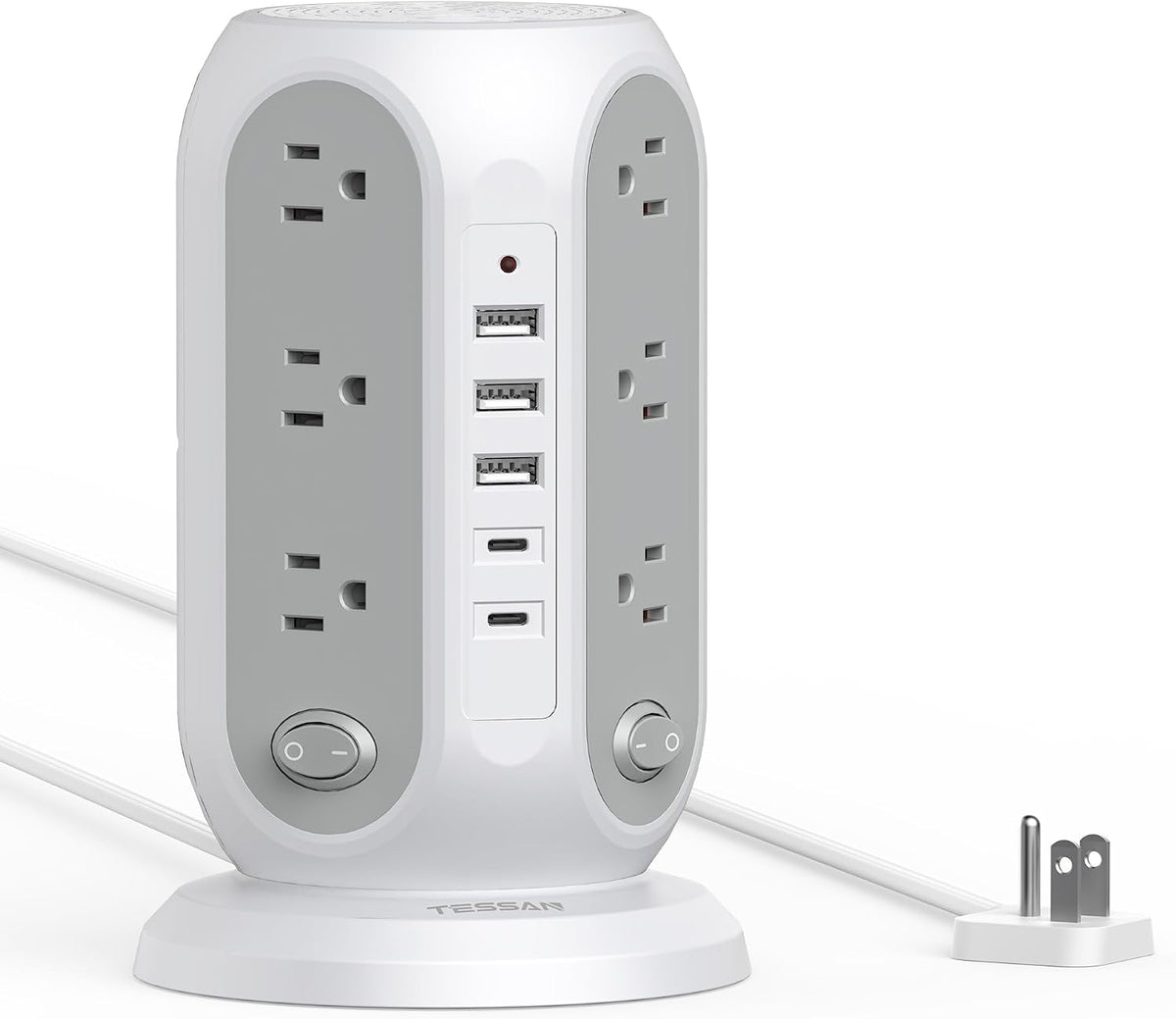 Tower Power Strip Surge Protector, Flat Extension Cord 5 Ft, Grey