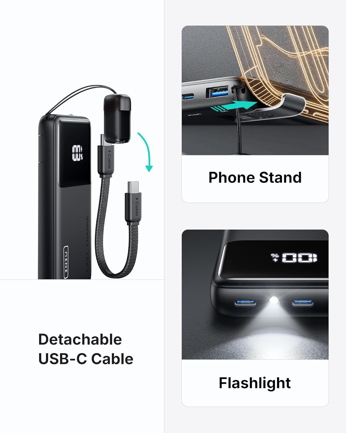 Power Bank, Compact 10000Mah 45W PD Fast Charging Portable Charger | Detachable USB-C Cable, Stand, Flight-Safe, Travel, Flashlight, Battery Pack for Iphone 17 16, Samsung S26, Ipad Etc, Blue