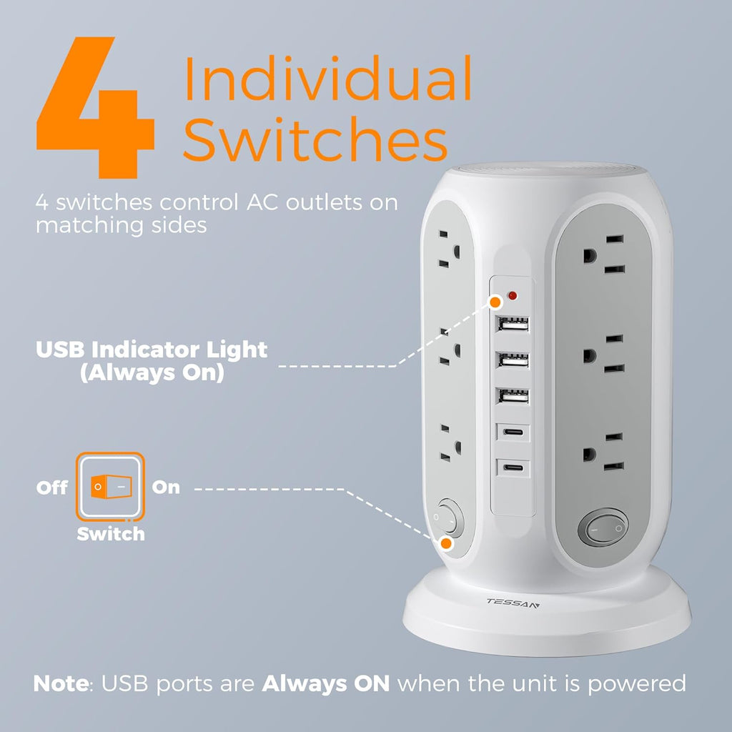 Tower Power Strip Surge Protector, Flat Extension Cord 5 Ft, Grey