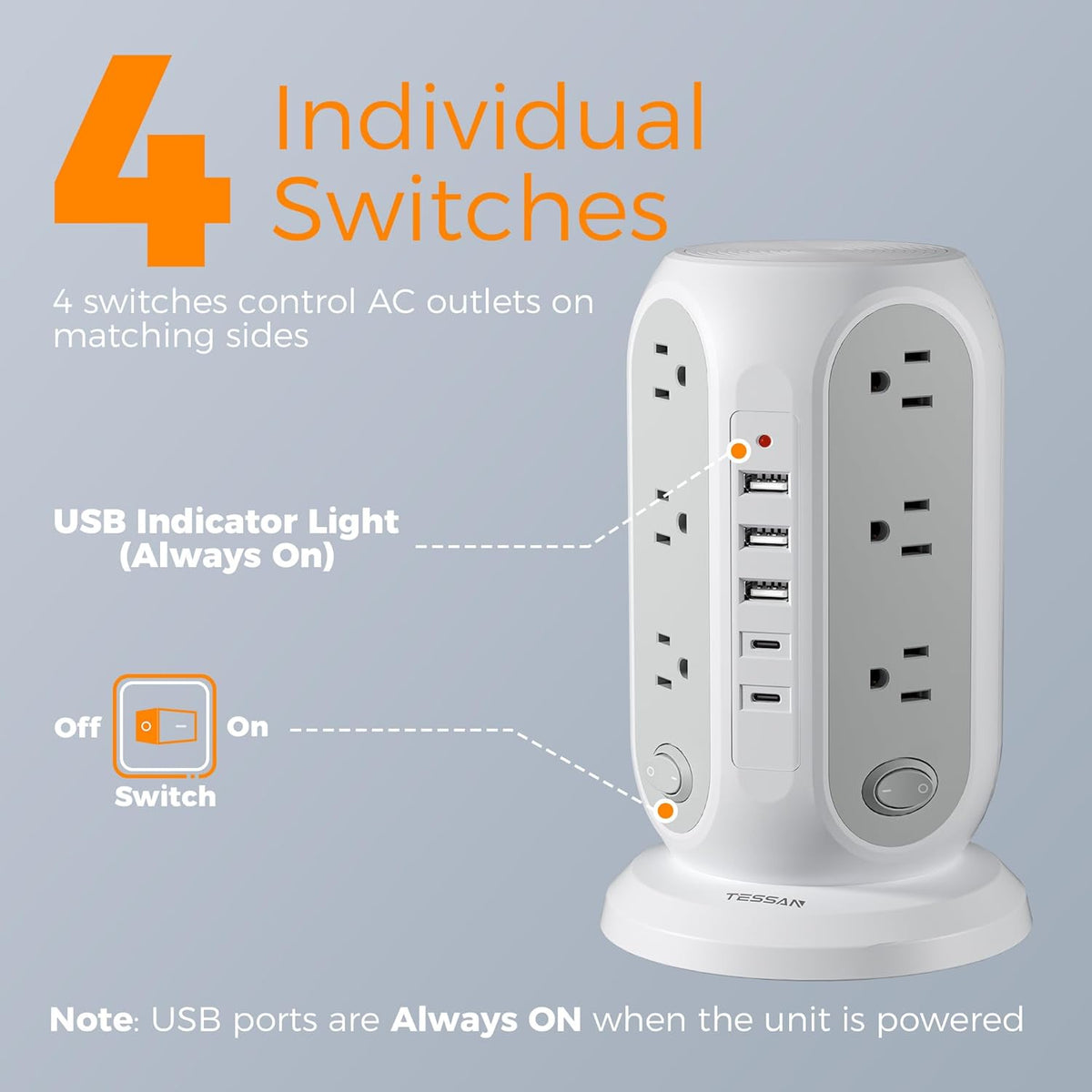Tower Power Strip Surge Protector, Flat Extension Cord 5 Ft, Grey
