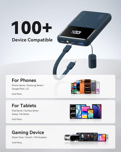 Power Bank, Compact 10000Mah 45W PD Fast Charging Portable Charger | Detachable USB-C Cable, Stand, Flight-Safe, Travel, Flashlight, Battery Pack for Iphone 17 16, Samsung S26, Ipad Etc, Blue