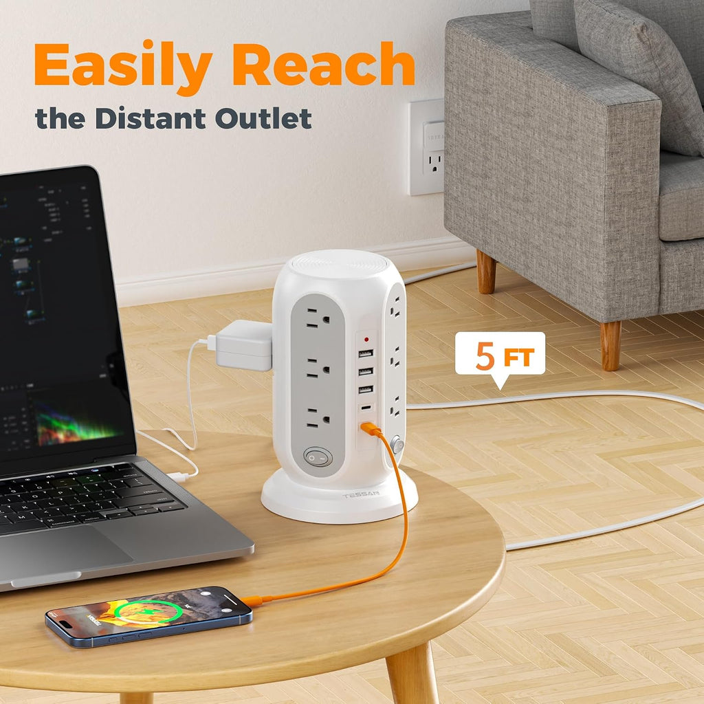 Tower Power Strip Surge Protector, Flat Extension Cord 5 Ft, Grey