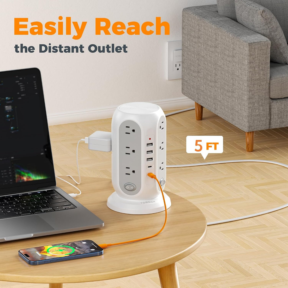 Tower Power Strip Surge Protector, Flat Extension Cord 5 Ft, Grey